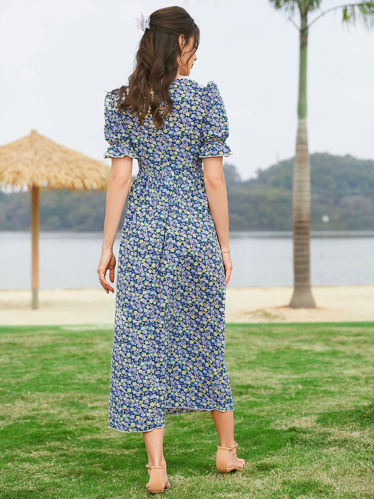 Floral Print Dress with Lace Trim