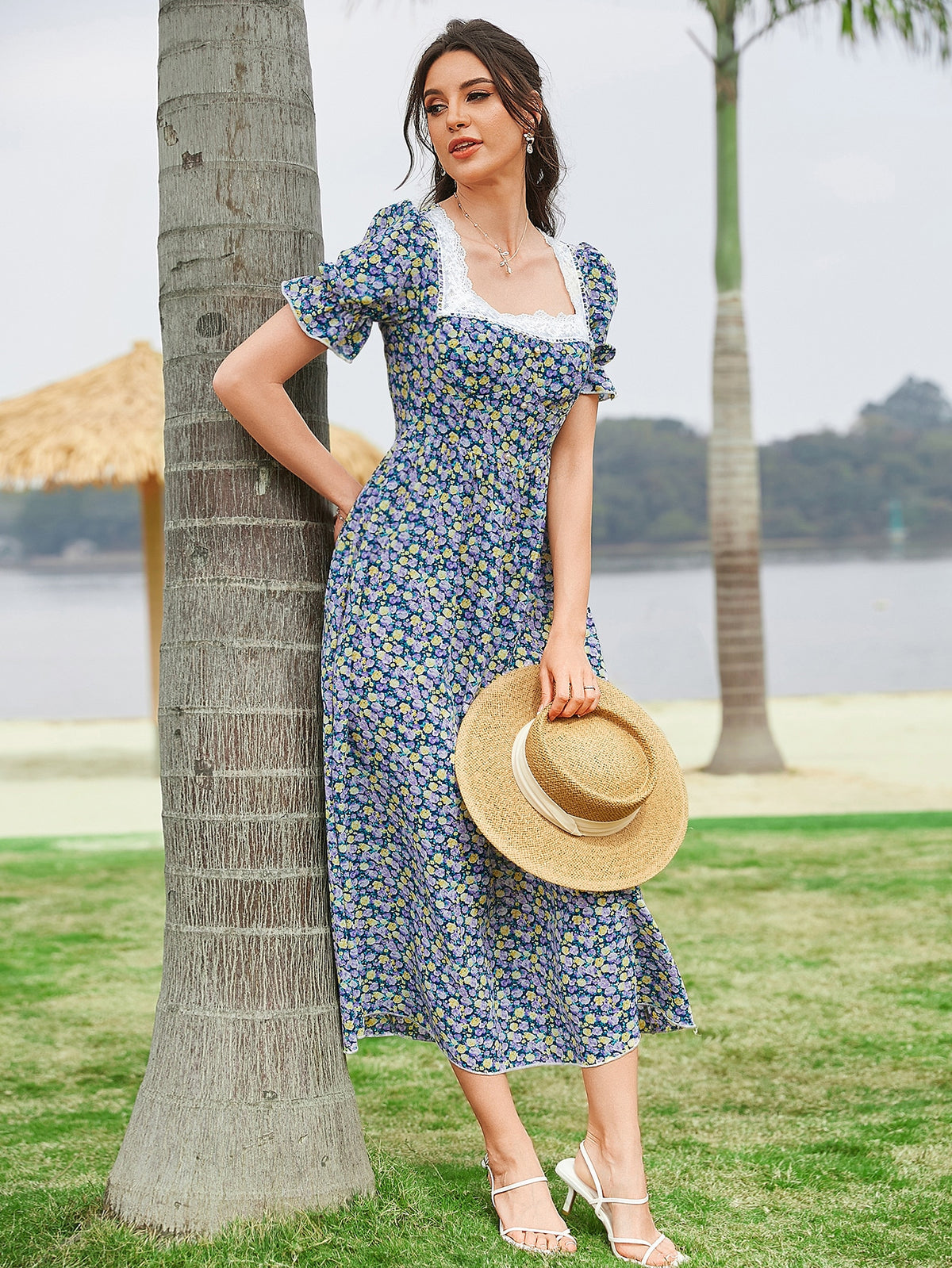 Floral Print Dress with Lace Trim