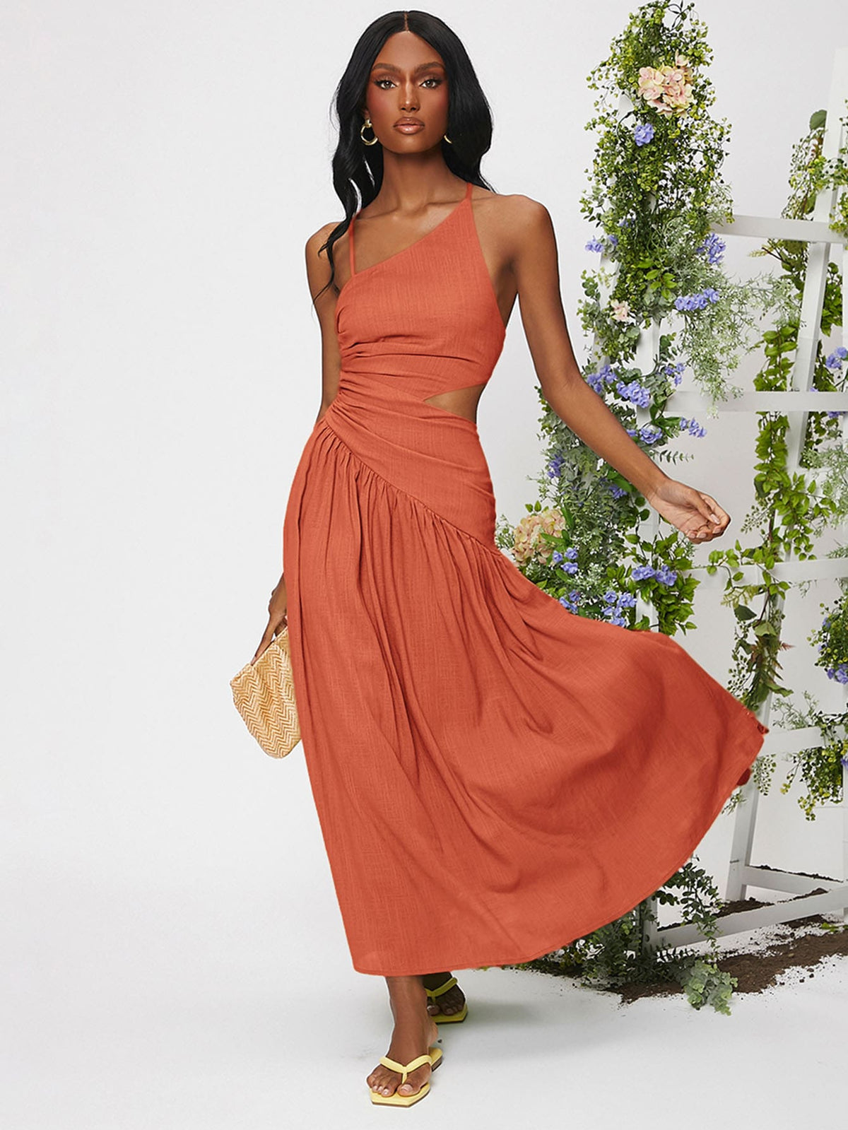Lace Up Ruched Ruffle Hem Dress - Burnt Orange / XL
