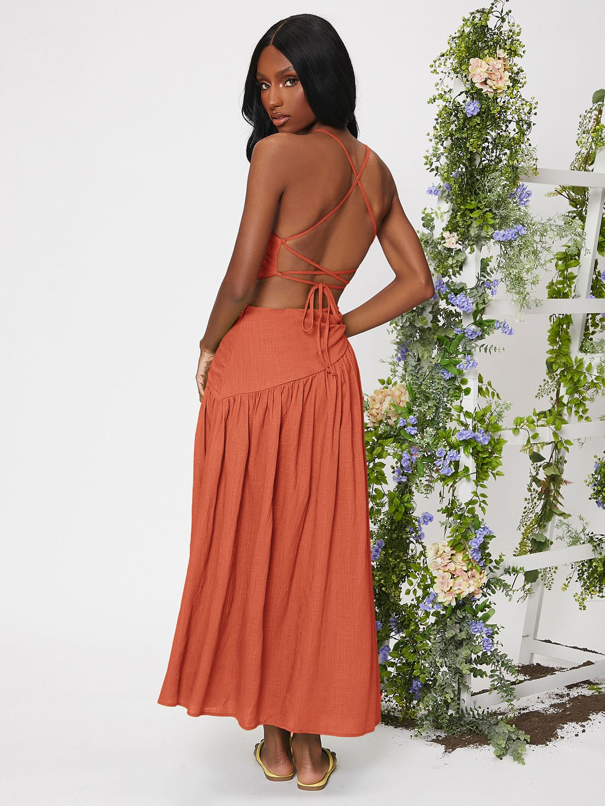 Lace Up Ruched Ruffle Hem Dress -