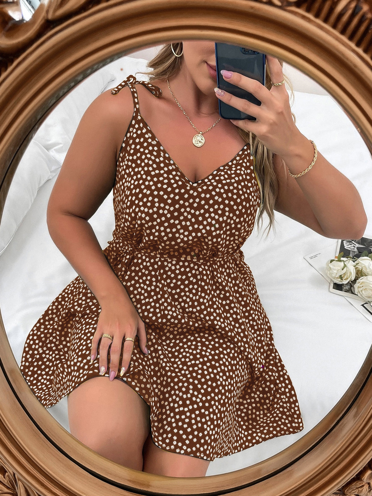 Plus Floral Belted Cami Dress - Coffee Brown / 5XL