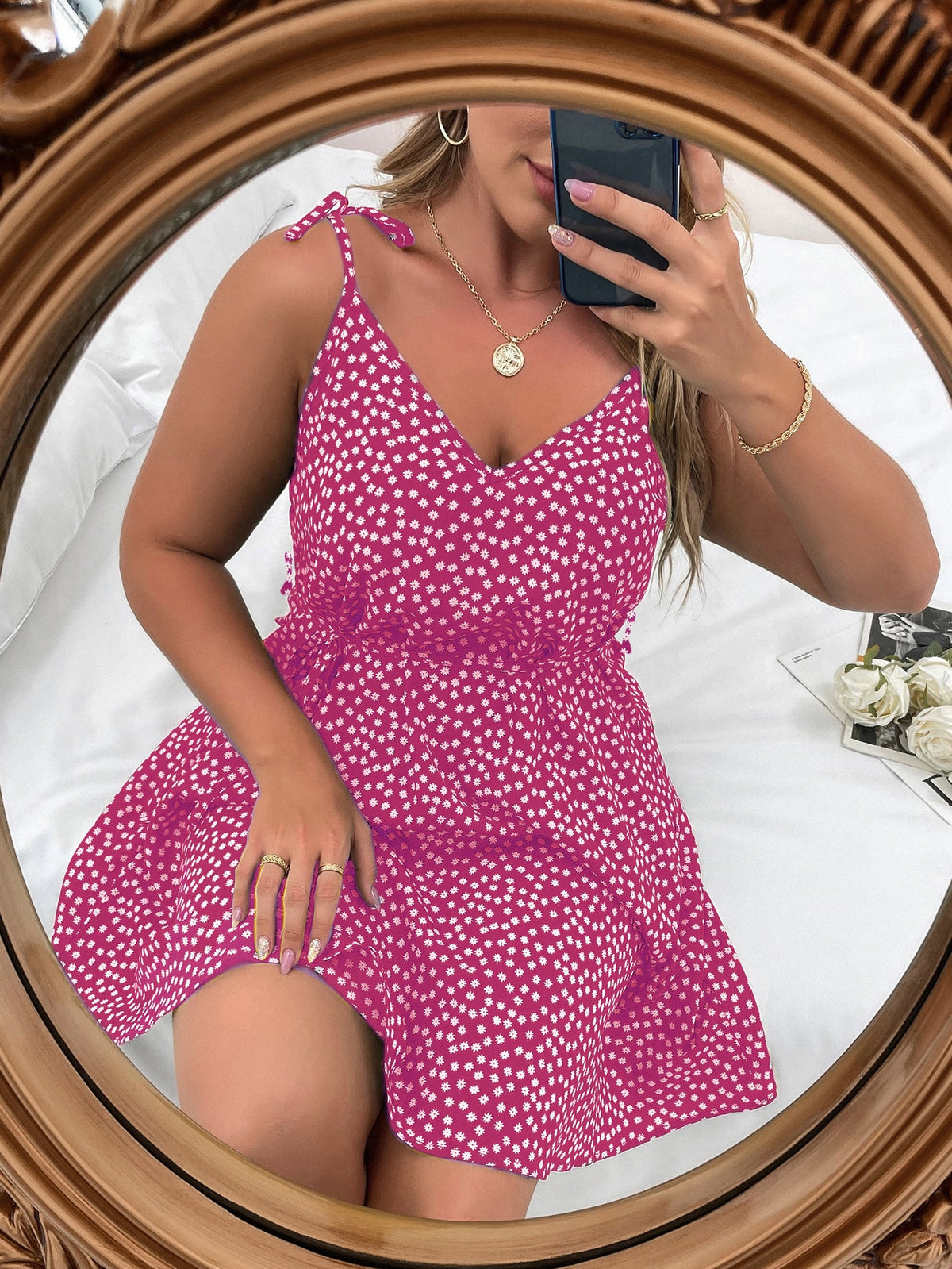 Plus Floral Belted Cami Dress - Hot Pink / 5XL