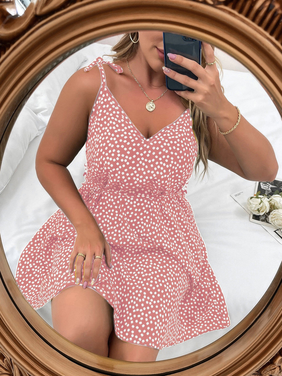 Plus Floral Belted Cami Dress - Pink / 5XL