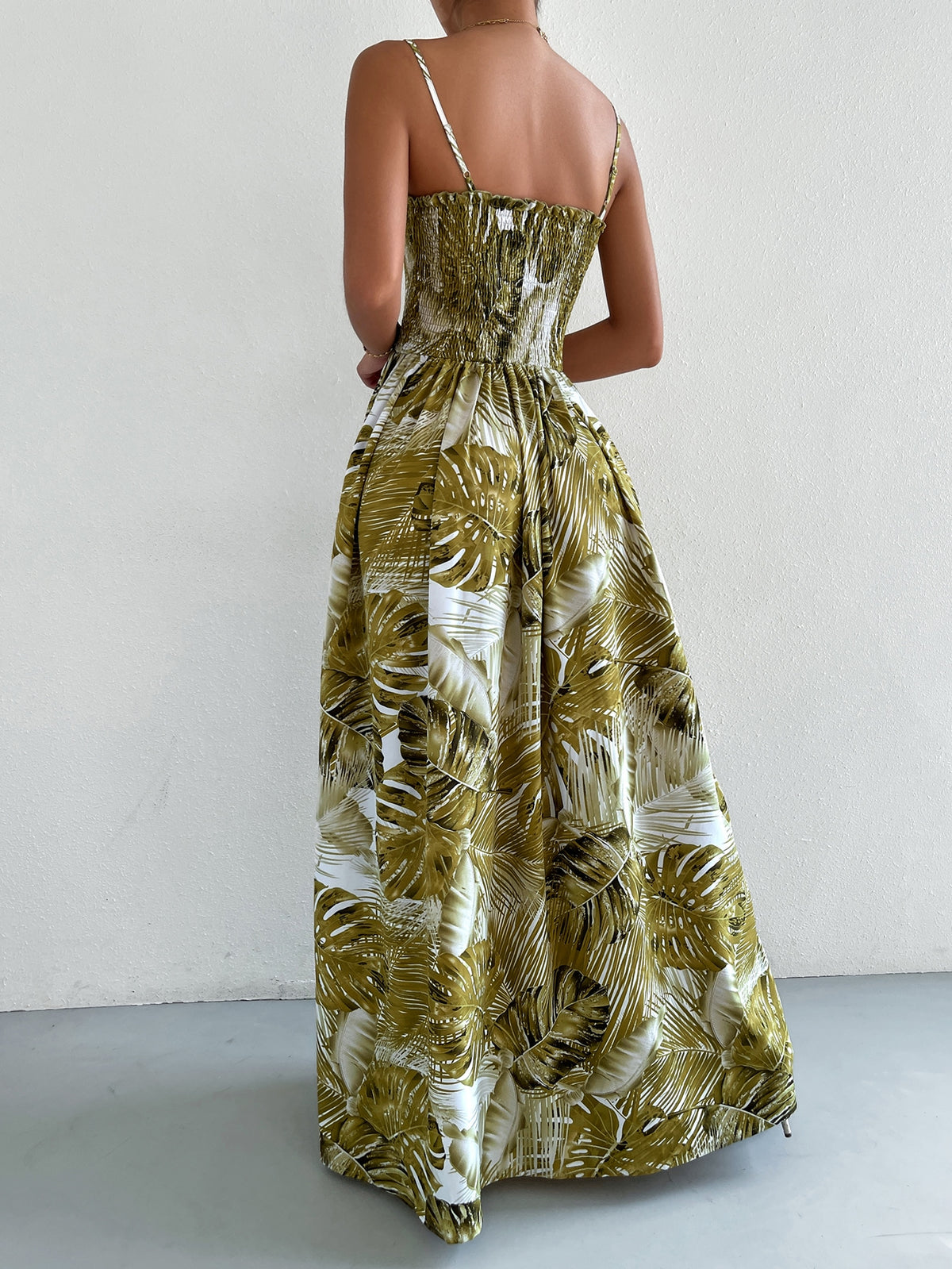 Shirred Cami Dress in Tropical Print -