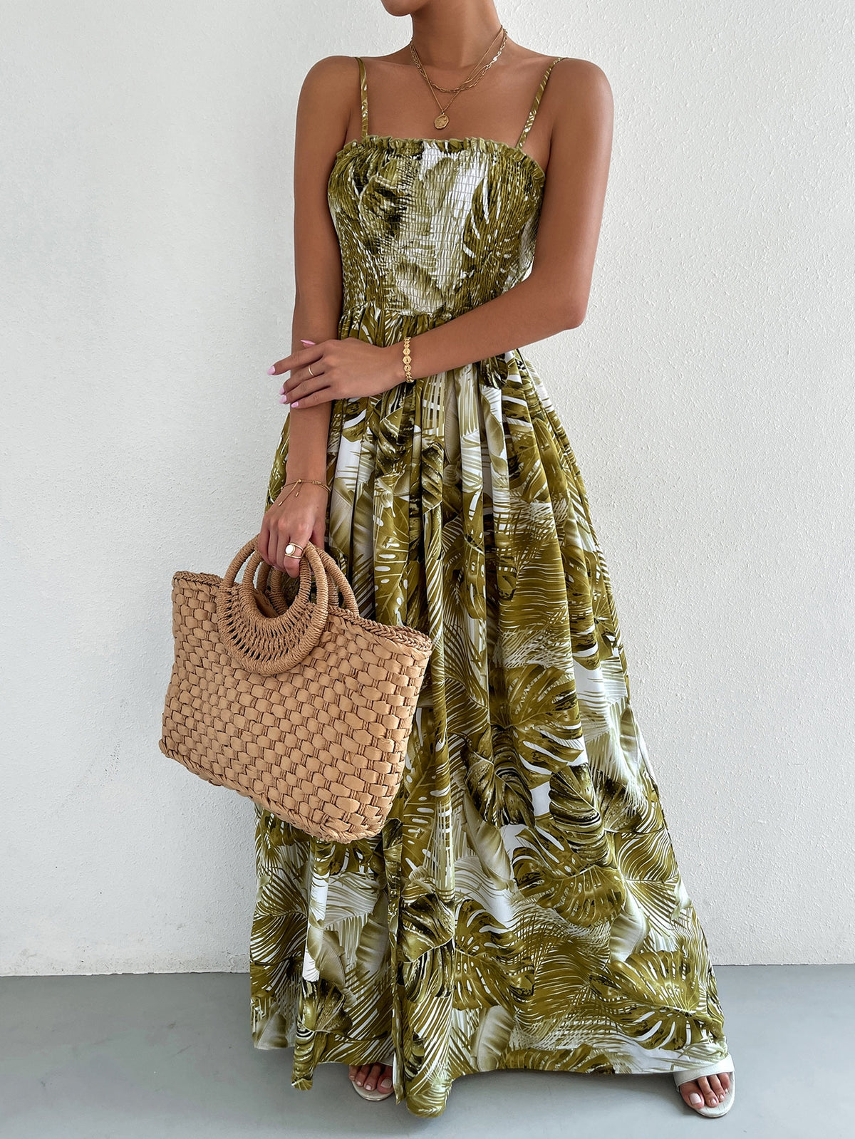 Shirred Cami Dress in Tropical Print -