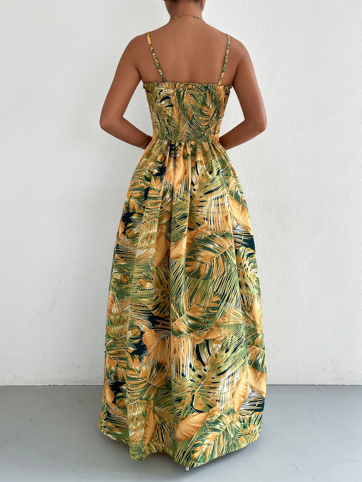 Shirred Cami Dress in Tropical Print -