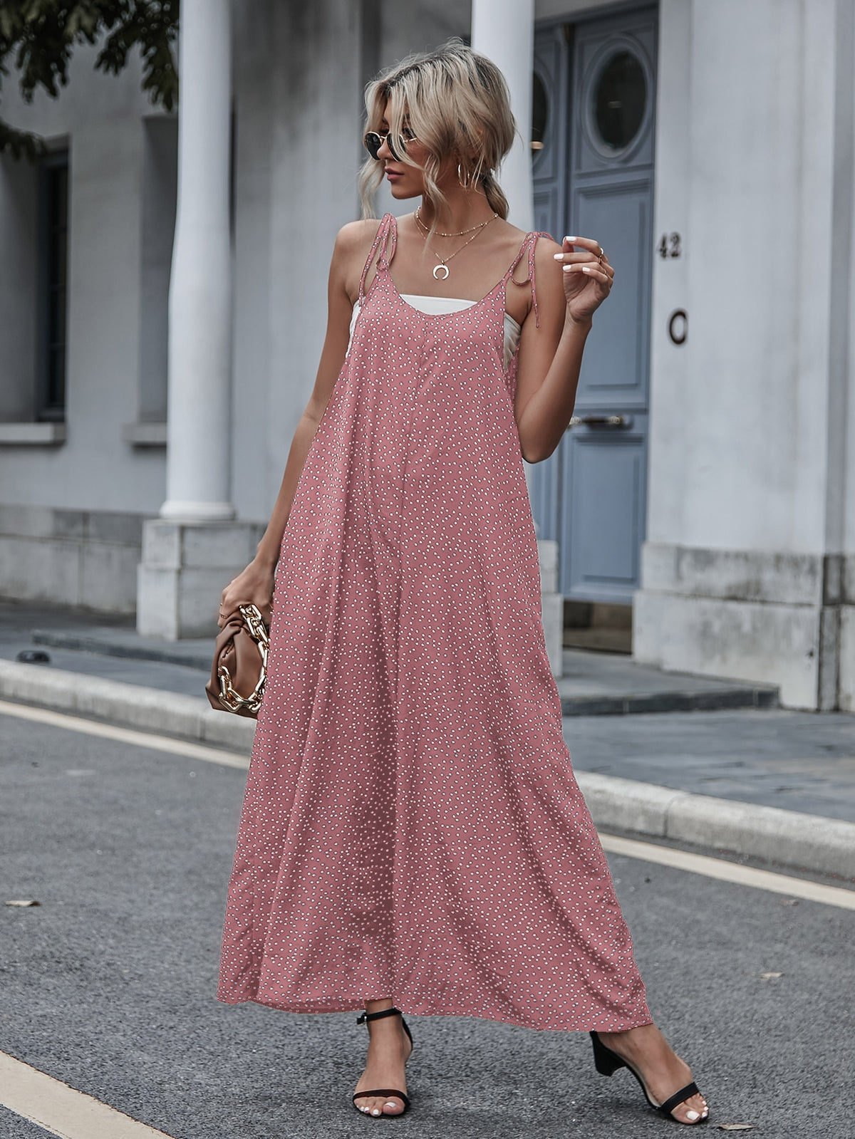 Polka Dot  Tie Shoulder Jumpsuit - Dusty Pink / XL