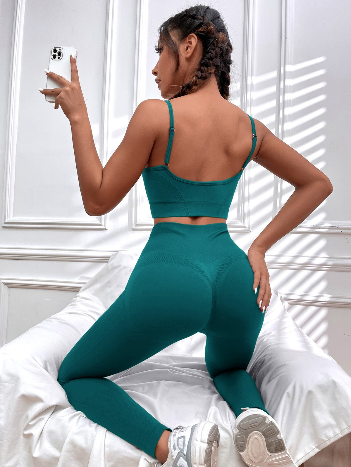 High Stretch Seamless Sports Bra & Leggings Set - Dark Green / L