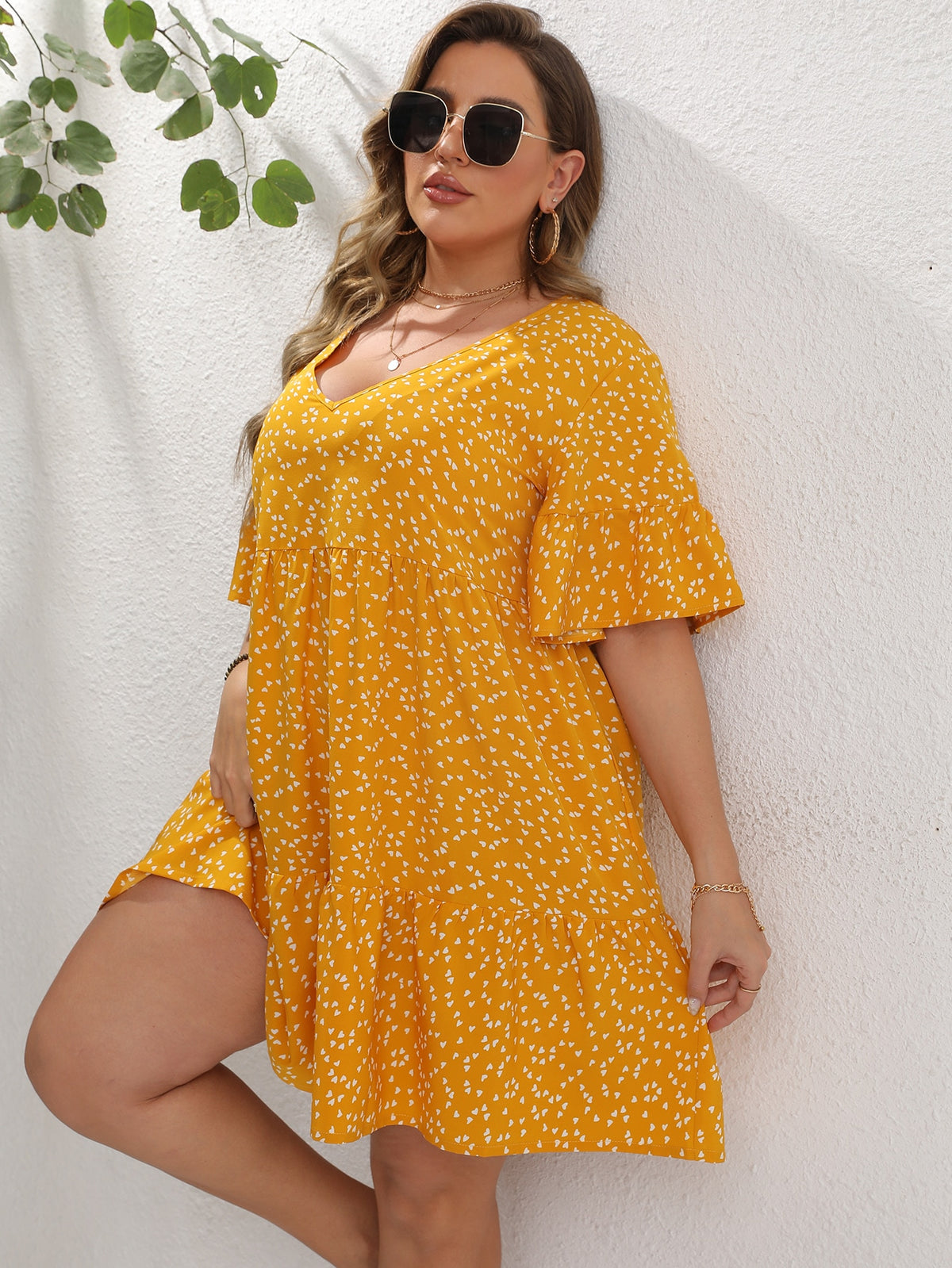 Plus Heart Print Smock Dress -