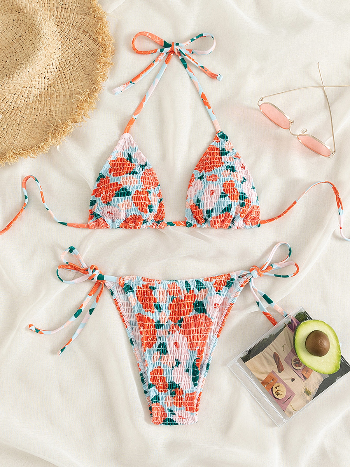 Floral Print String Tie Bikini Swimsuit - Multicolor-13 / L
