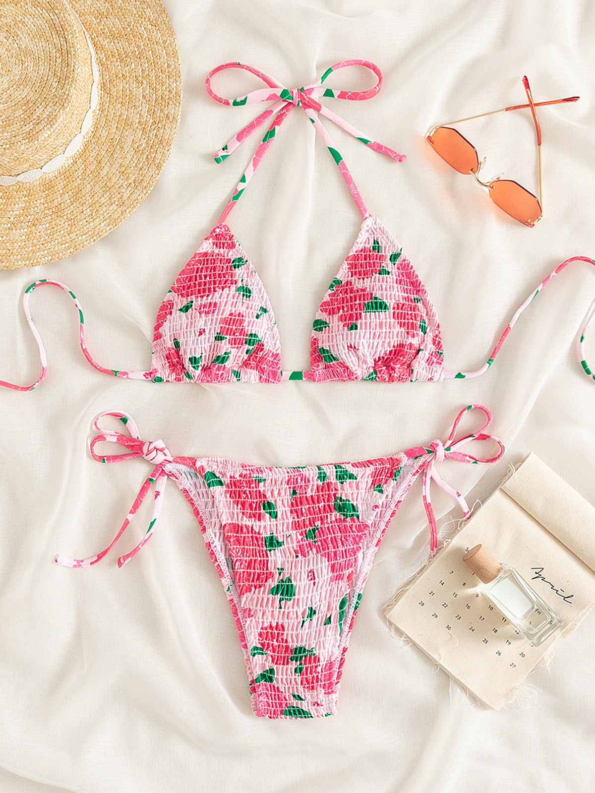Floral Print String Tie Bikini Swimsuit - Multicolor-11 / L