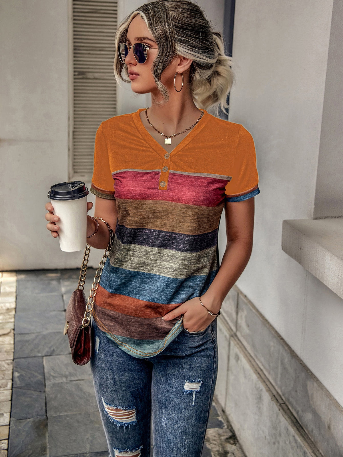 Stripe Button Accent Tee - Camel / XL