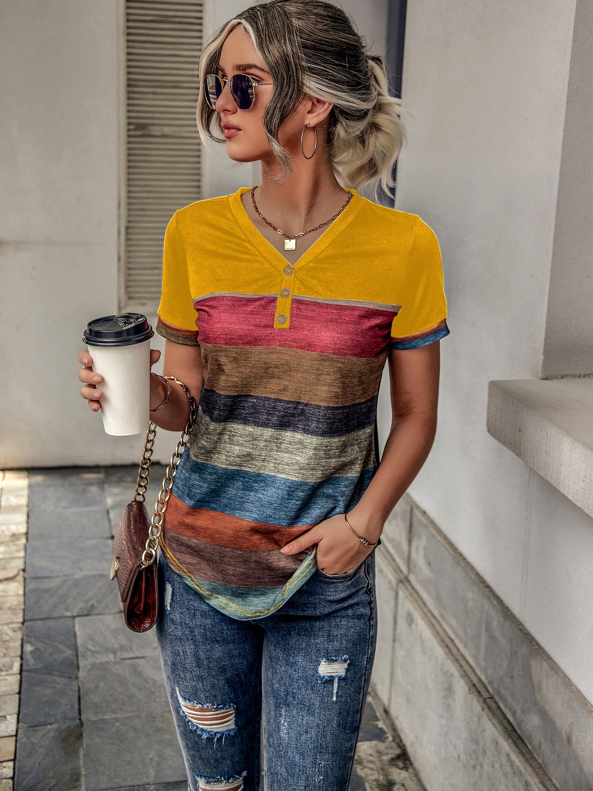 Stripe Button Accent Tee - Yellow / XL