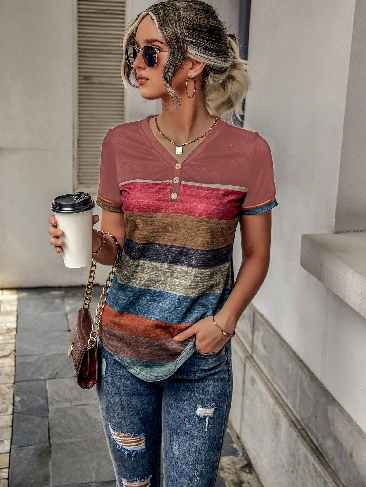 Stripe Button Accent Tee - Pink / XL