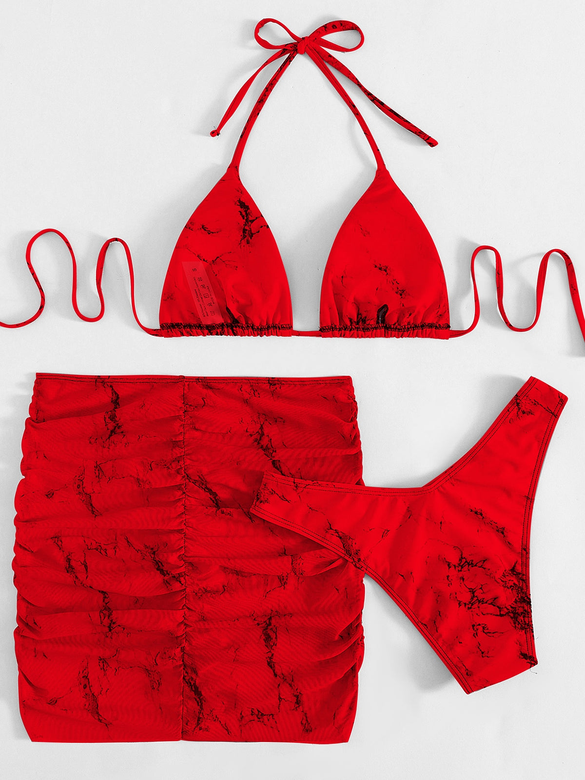 Halter Bikini Swimsuit With Beach Skirt in Marble Print