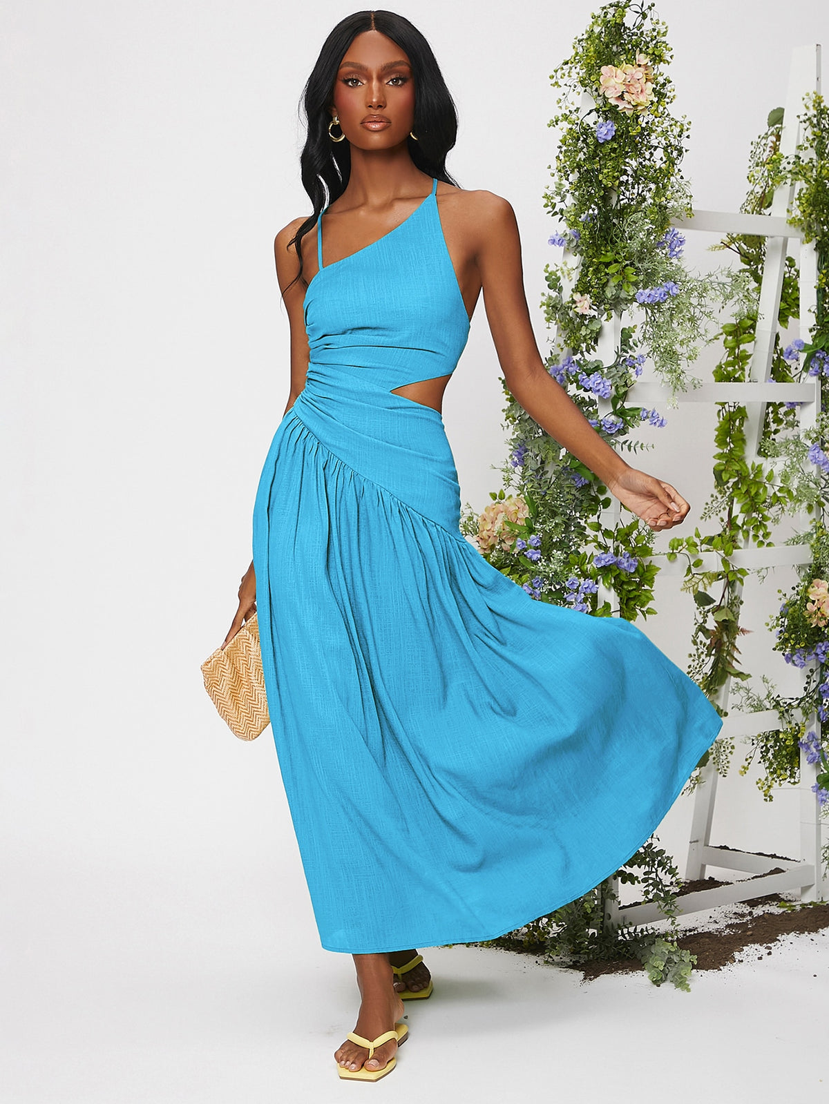 Lace Up Ruched Ruffle Hem Dress - Mint Blue / XL