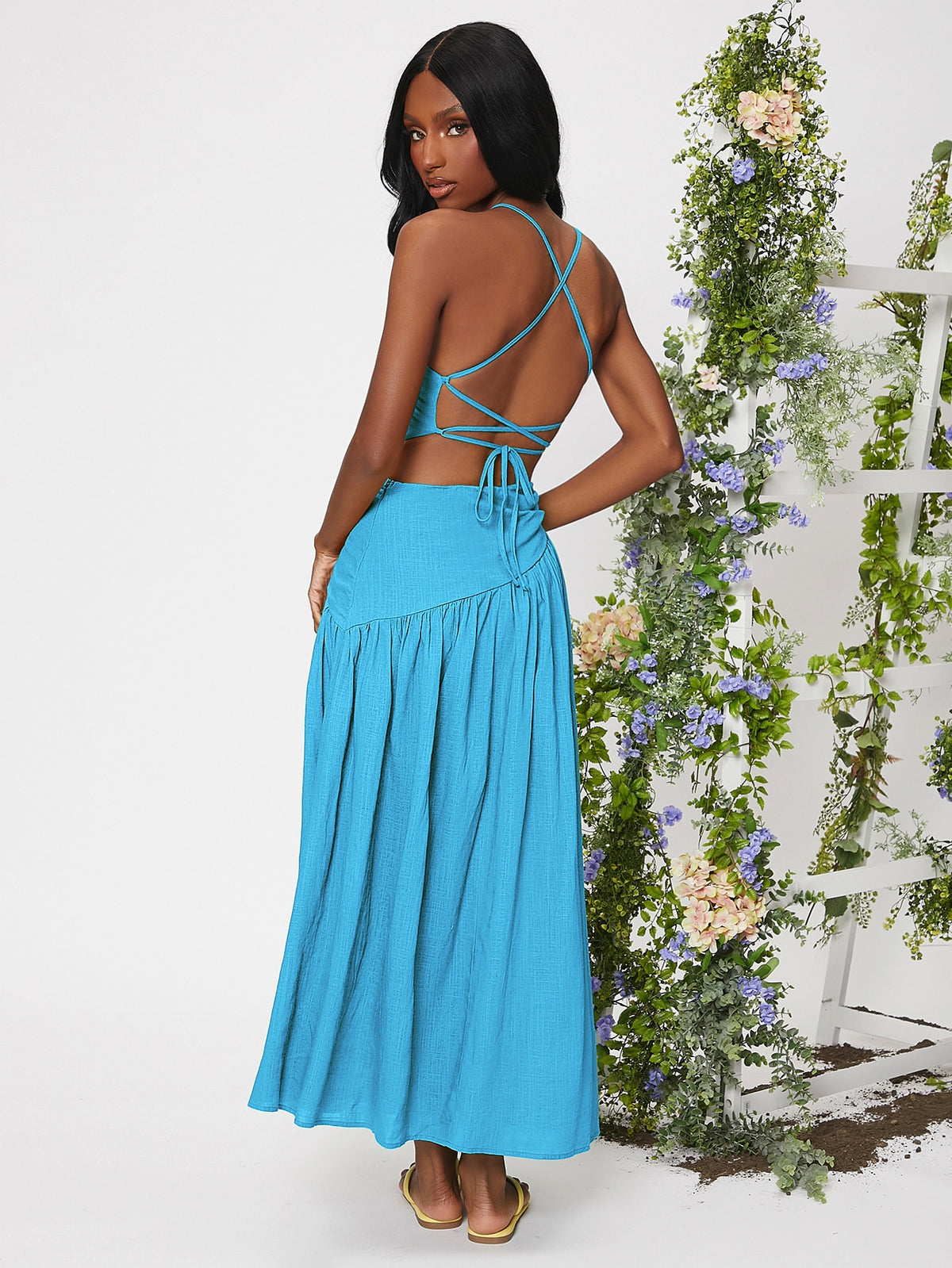 Lace Up Ruched Ruffle Hem Dress -