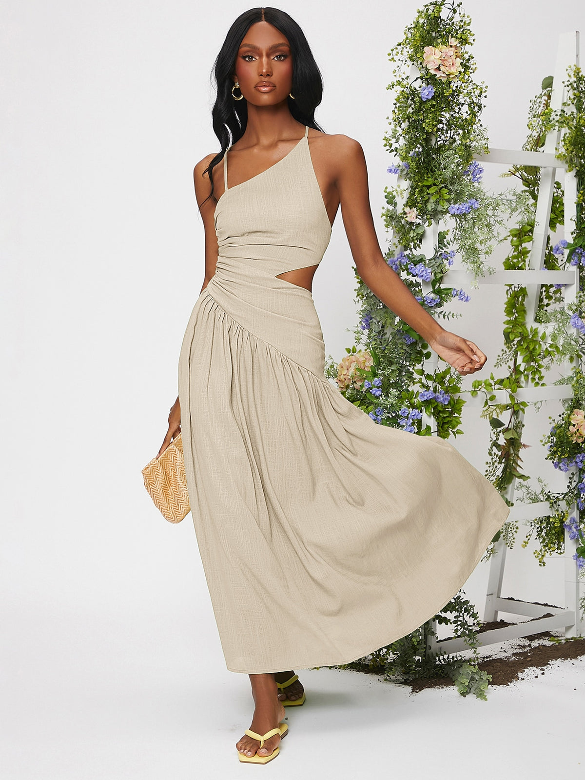 Lace Up Ruched Ruffle Hem Dress - Beige / XL