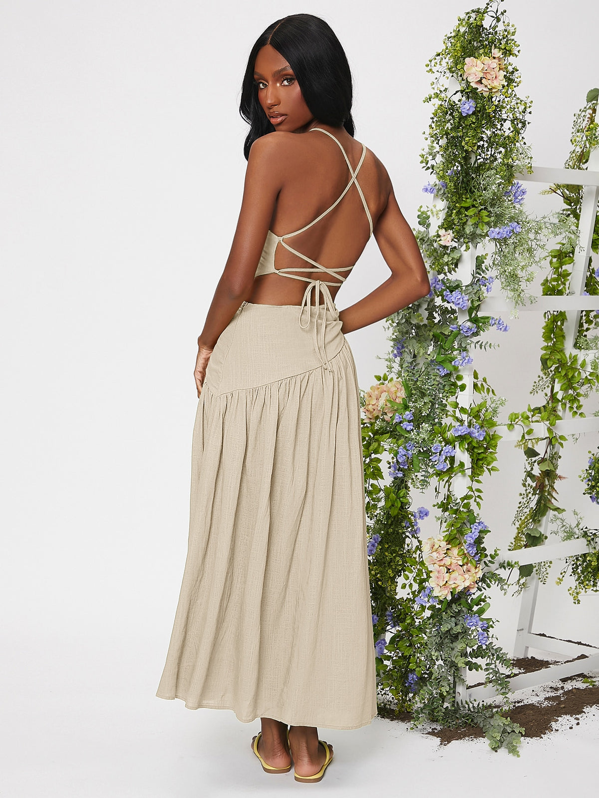 Lace Up Ruched Ruffle Hem Dress -