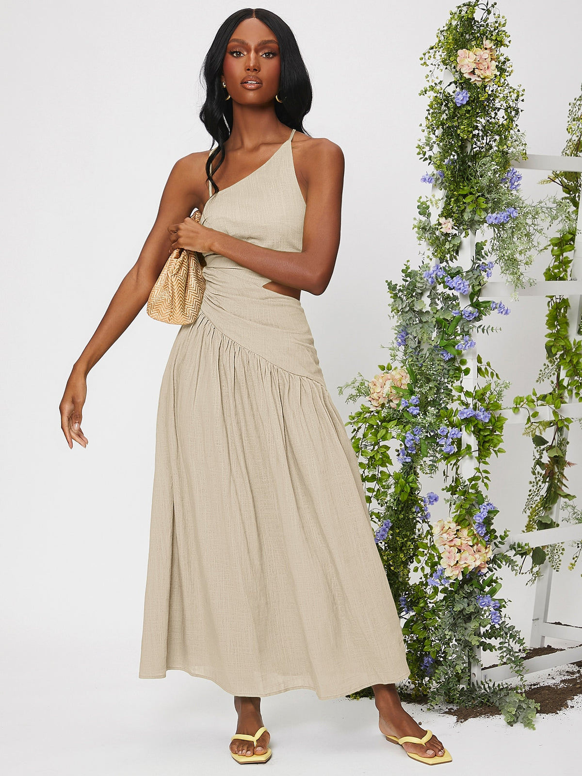 Lace Up Ruched Ruffle Hem Dress -