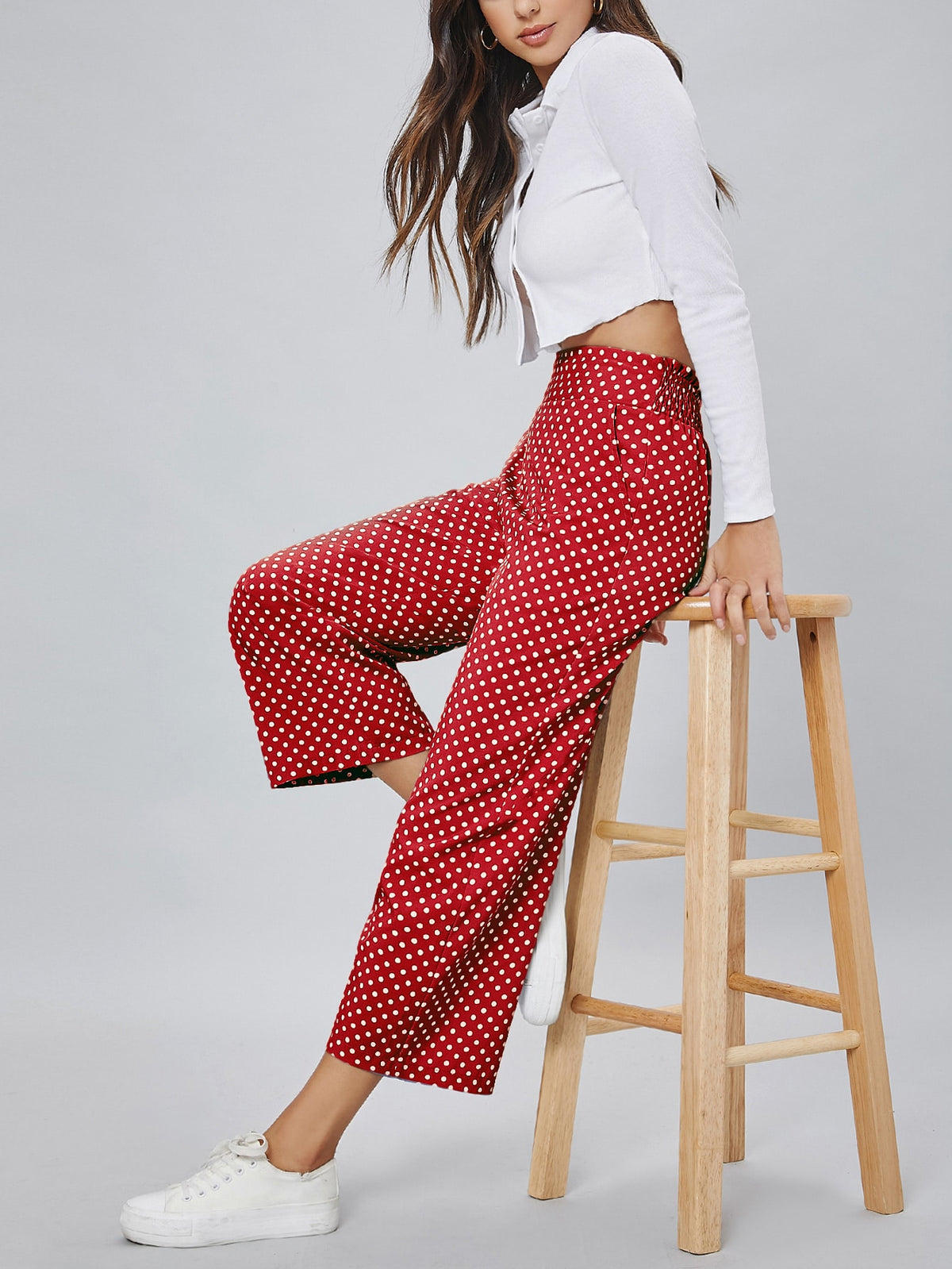 Cropped Polka Dot Pants - Red and White / L