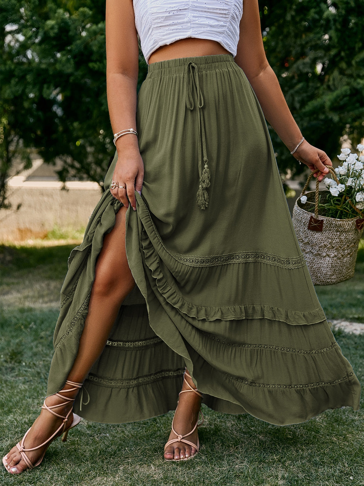 Plus Drawstring Waist Skirt with Lace Insert Layered Hem