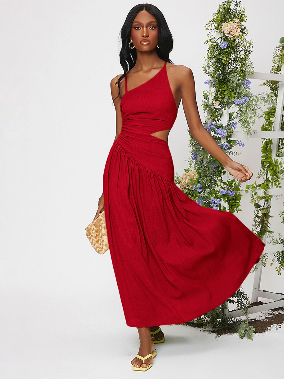 Lace Up Ruched Ruffle Hem Dress - Red / XL