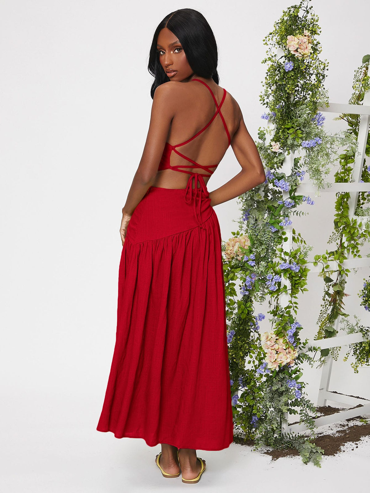 Lace Up Ruched Ruffle Hem Dress -