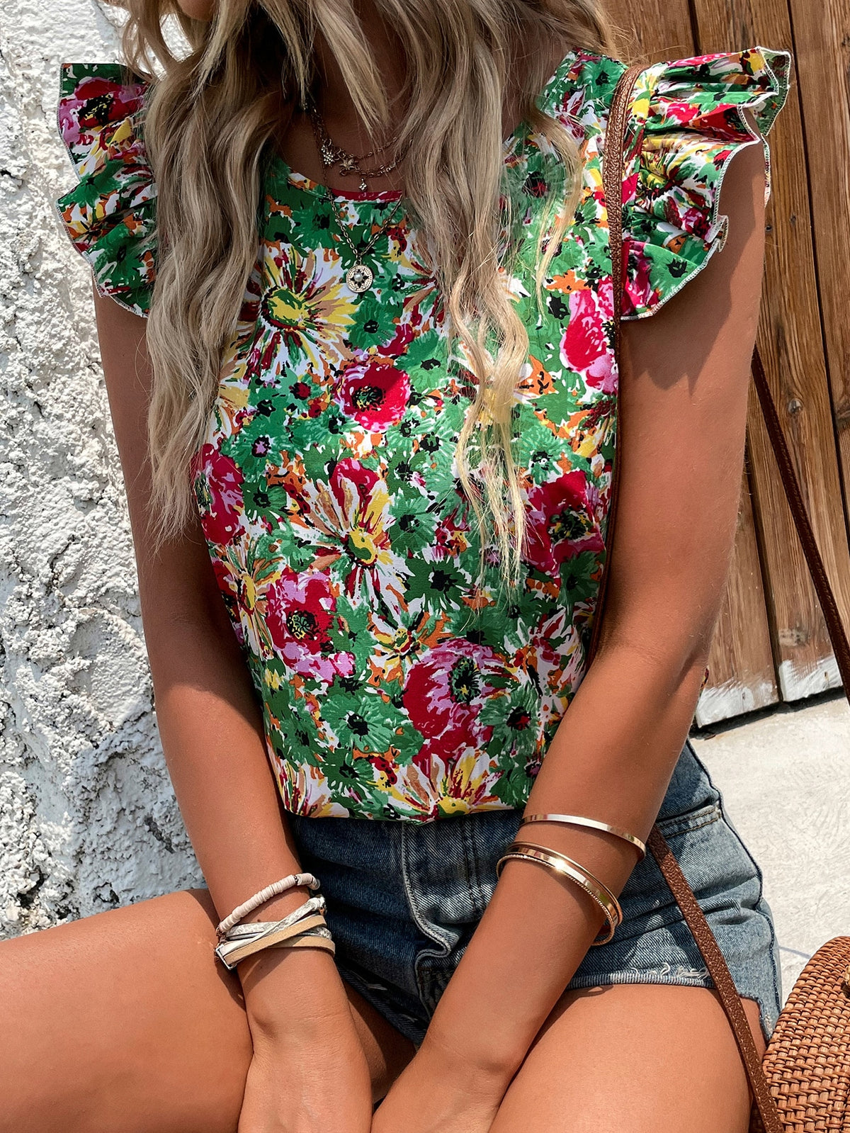 Large Florals Print Blouse with Ruffle Trim - Multicolor / L