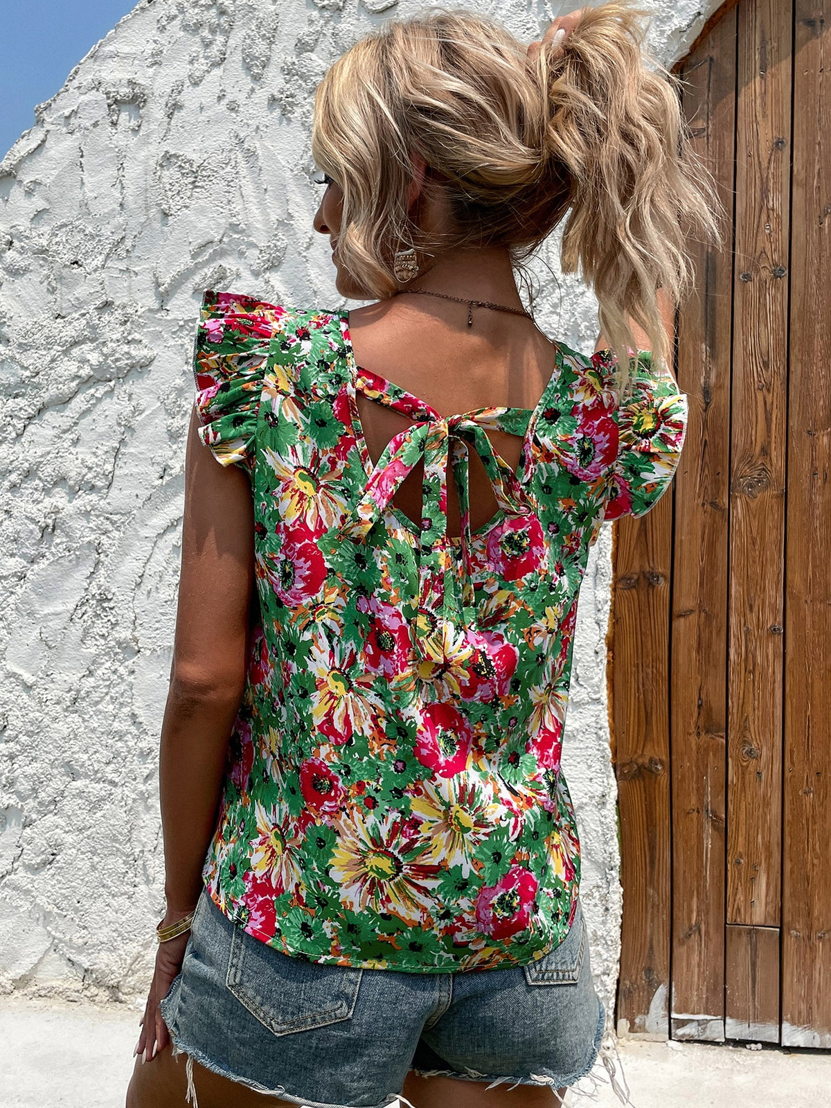 Large Florals Print Blouse with Ruffle Trim -