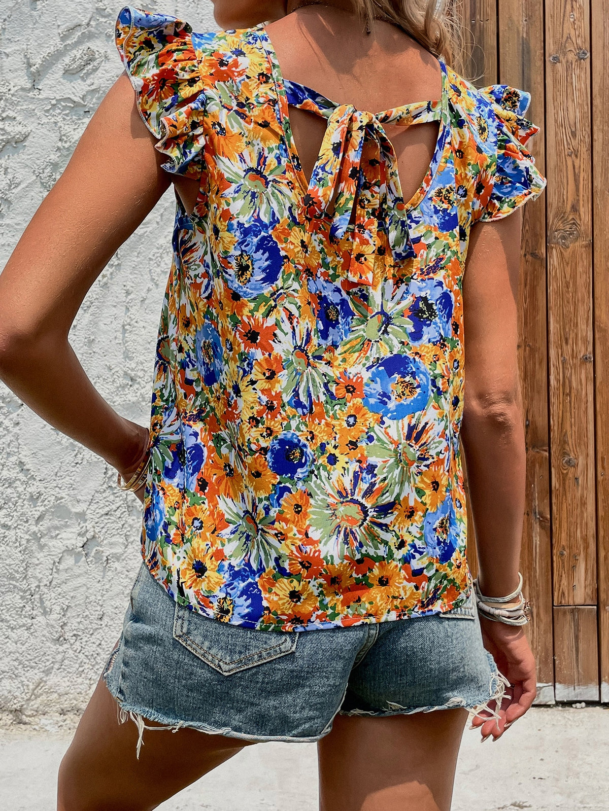 Large Florals Print Blouse with Ruffle Trim -