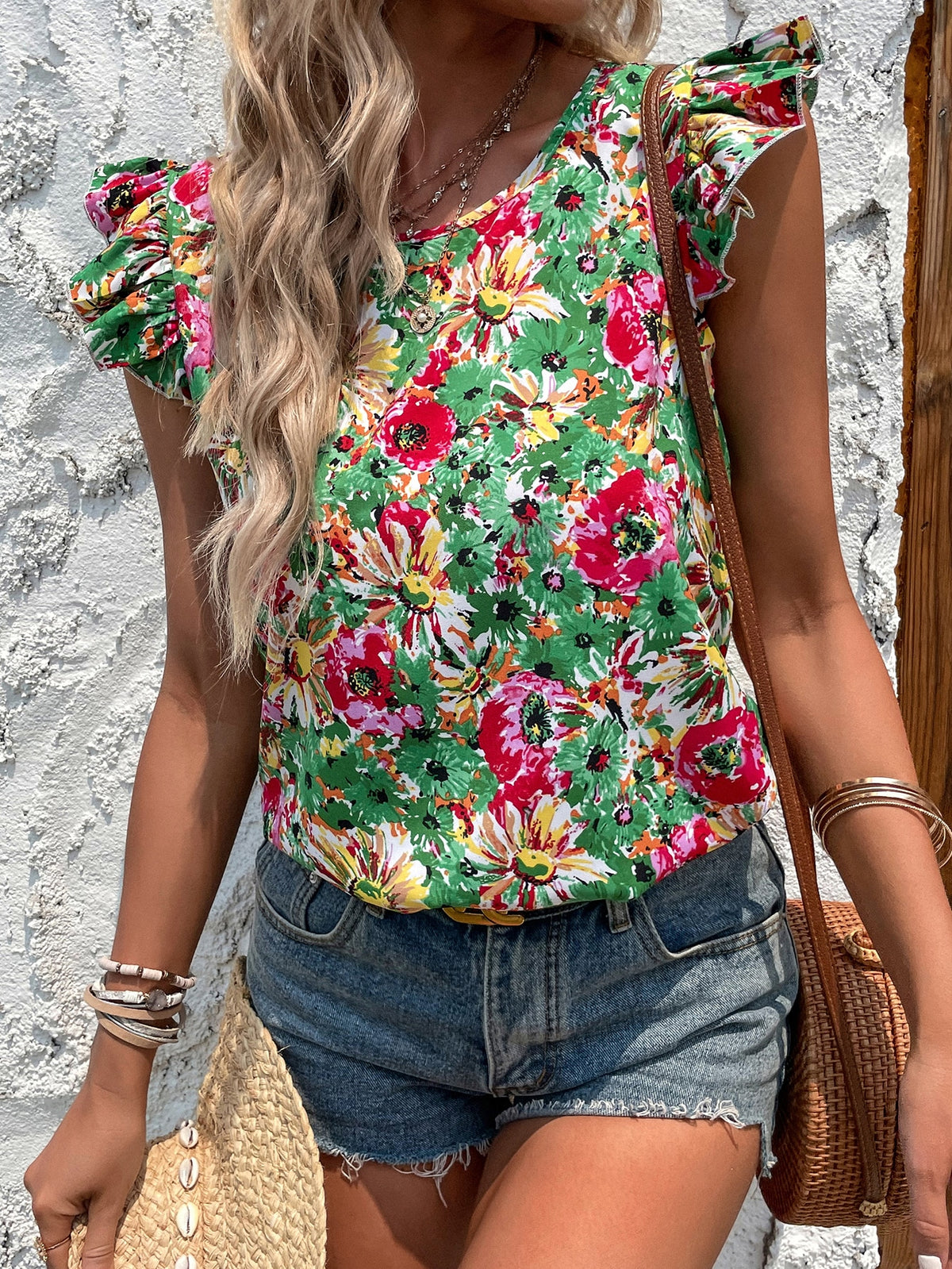 Large Florals Print Blouse with Ruffle Trim -