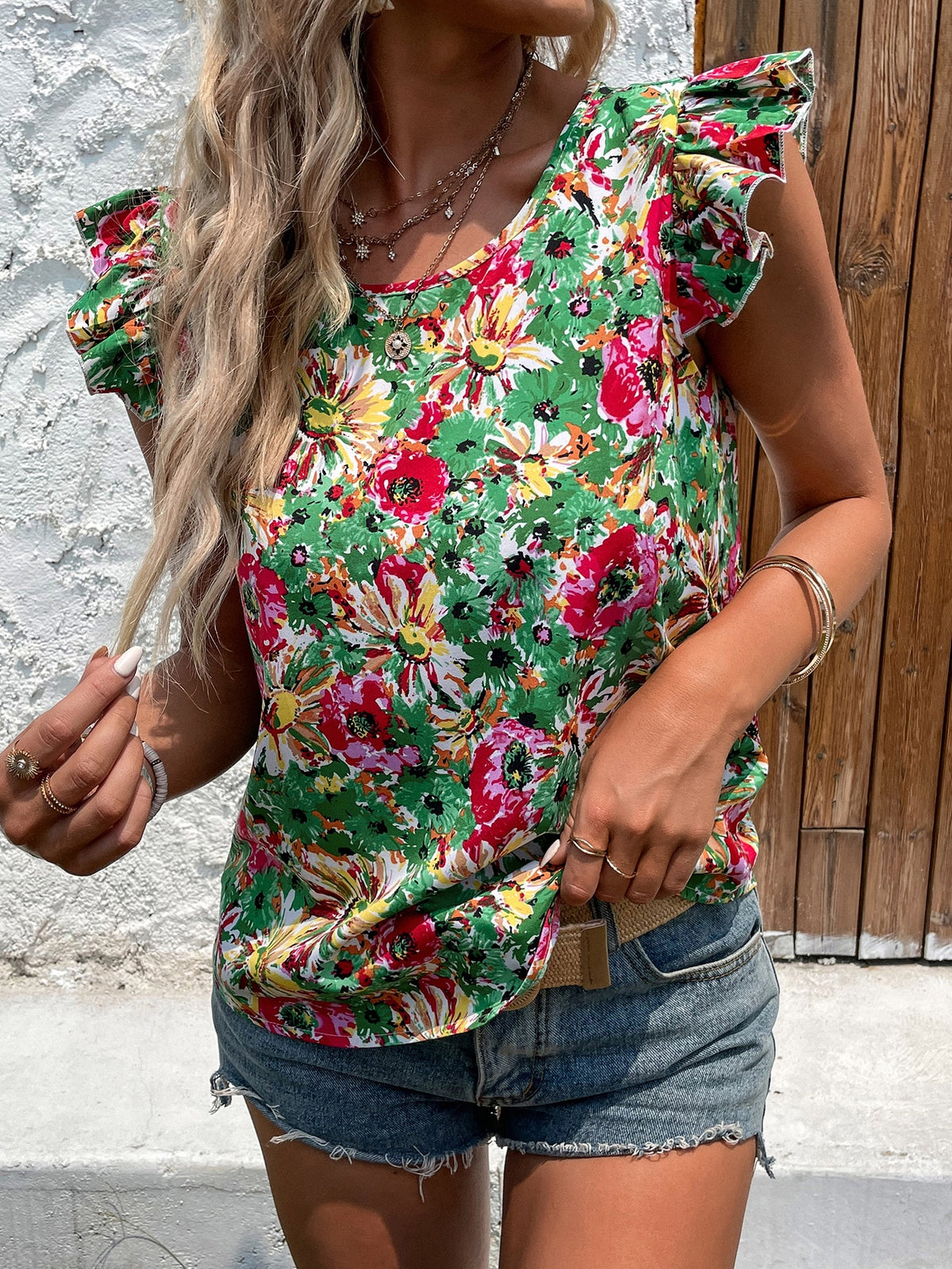Large Florals Print Blouse with Ruffle Trim -