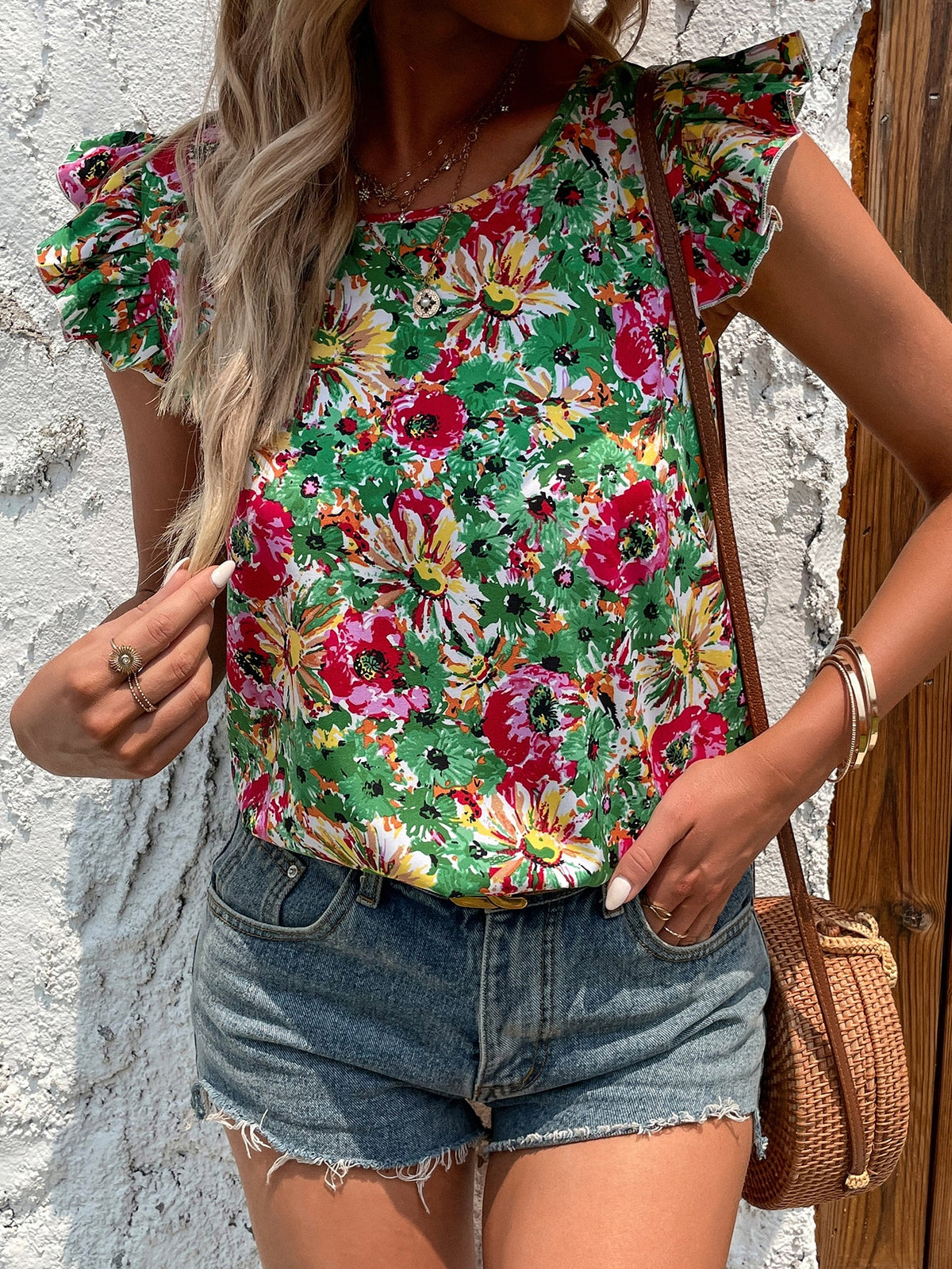 Large Florals Print Blouse with Ruffle Trim -