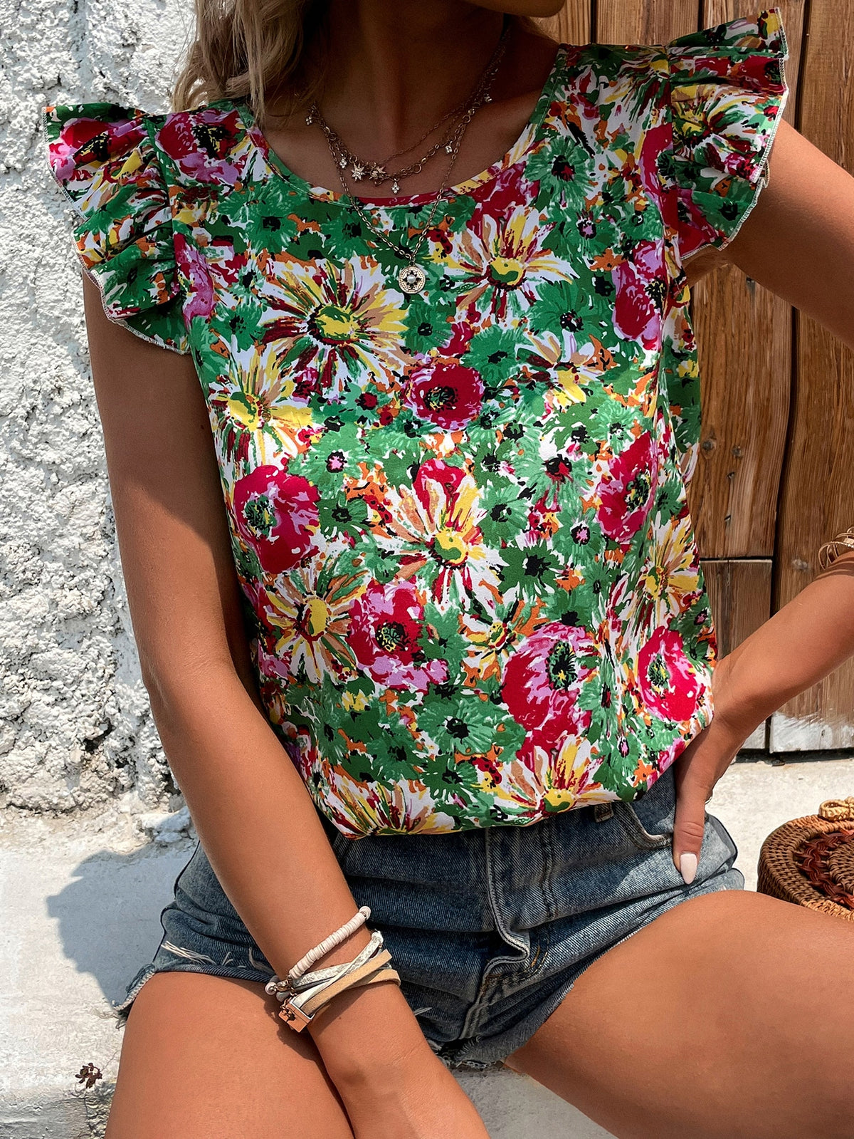 Large Florals Print Blouse with Ruffle Trim -