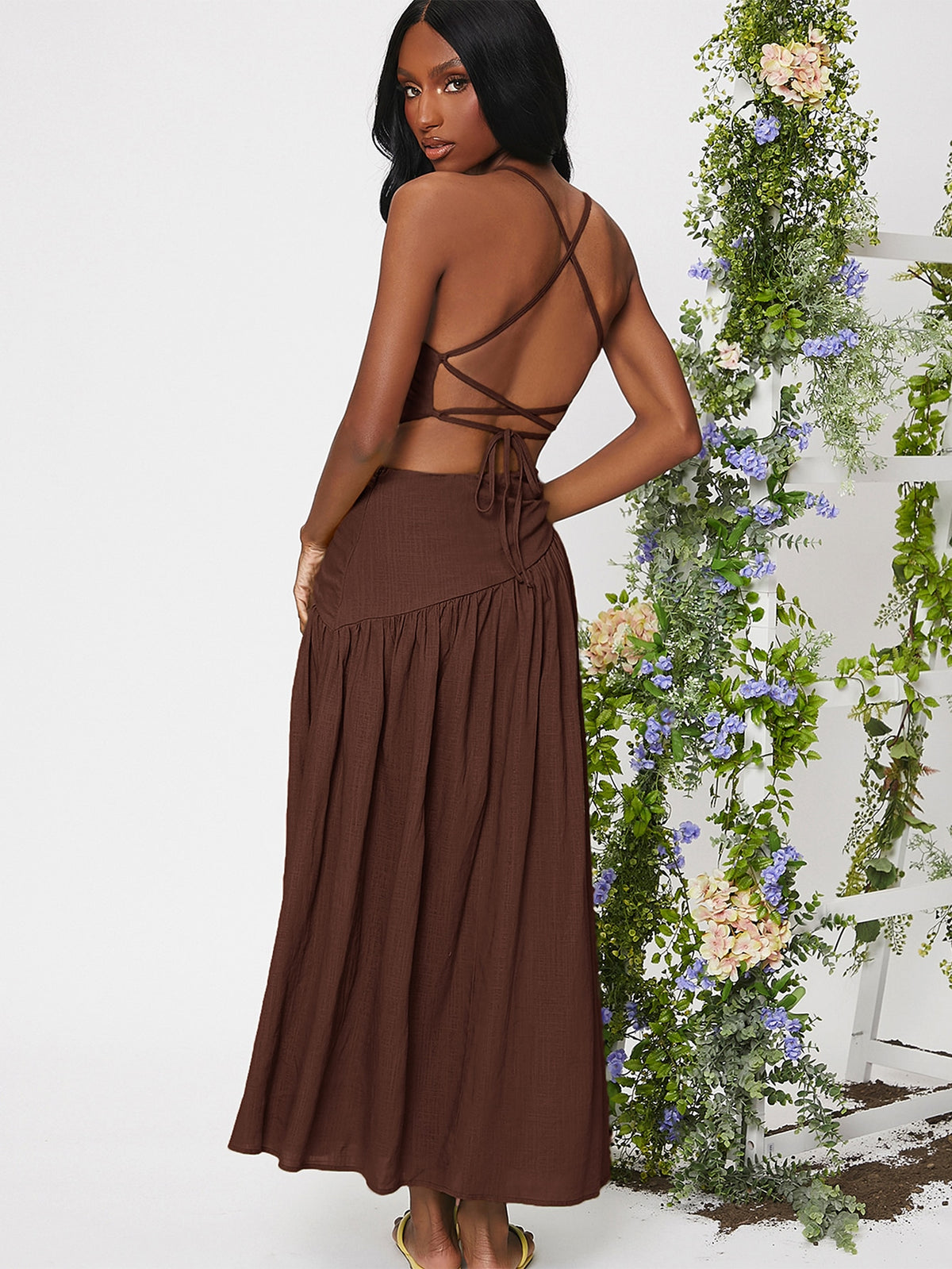 Lace Up Ruched Ruffle Hem Dress -
