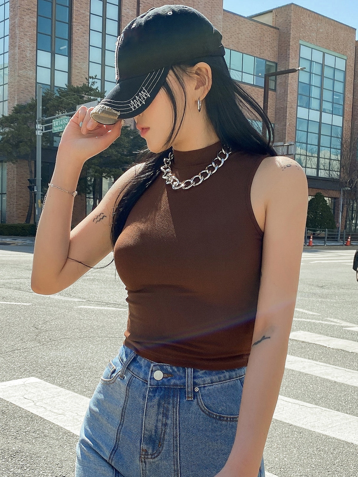 Ribbed Knit Tank Top with Mock Neck