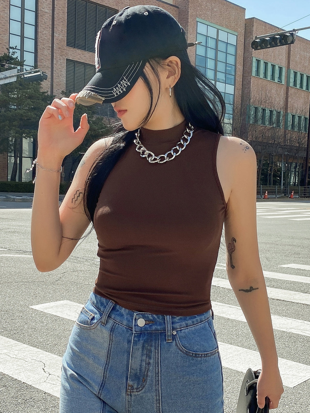 Ribbed Knit Tank Top with Mock Neck