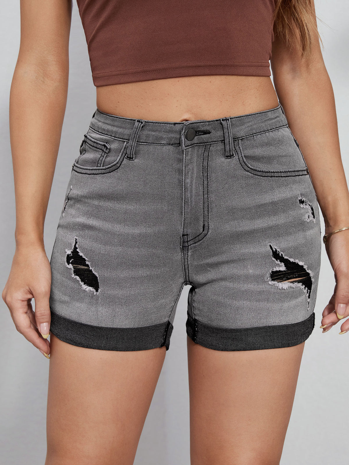 Ripped Denim Shorts with Roll Up Hem - Grey / XL