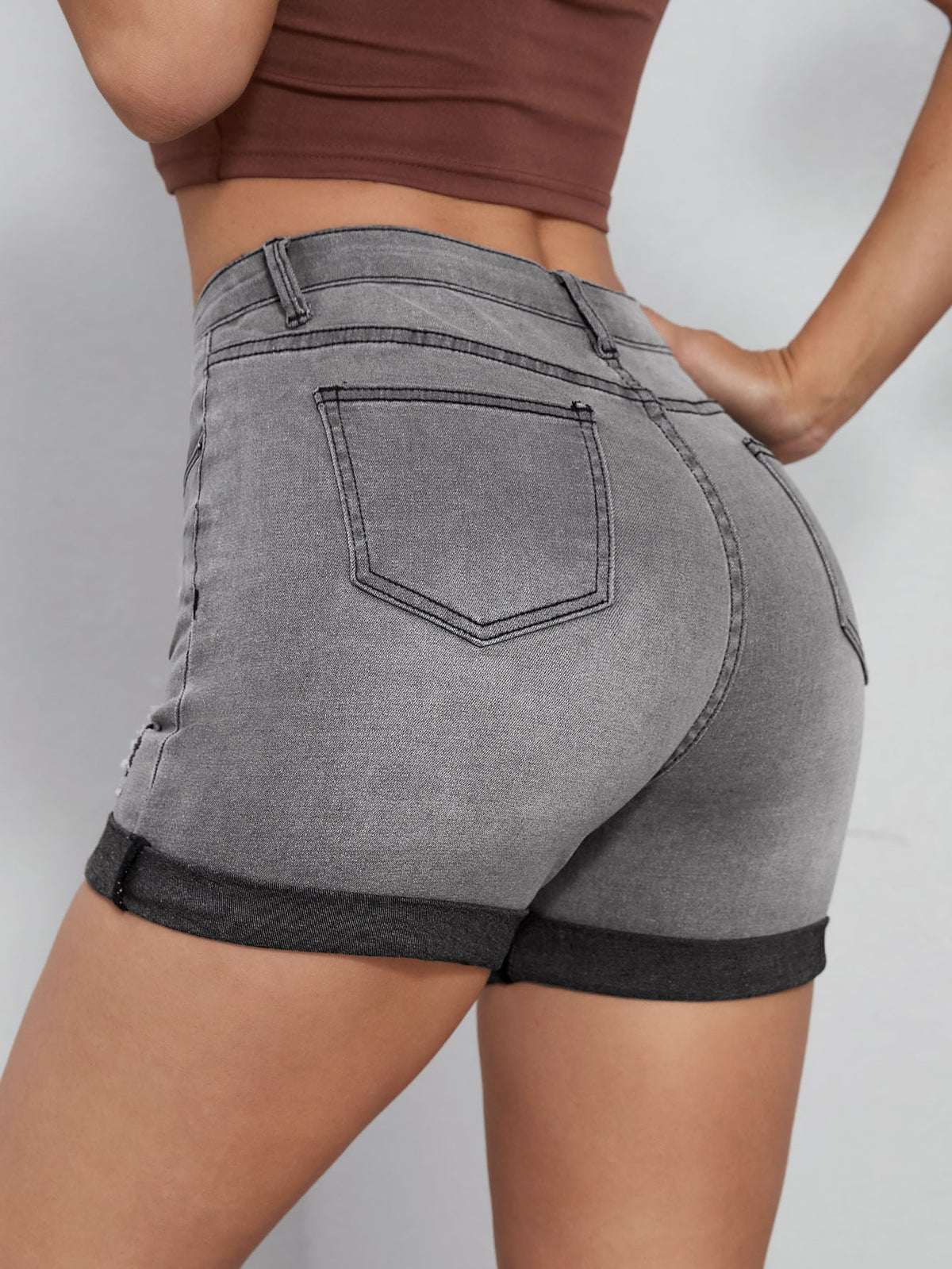 Ripped Denim Shorts with Roll Up Hem -