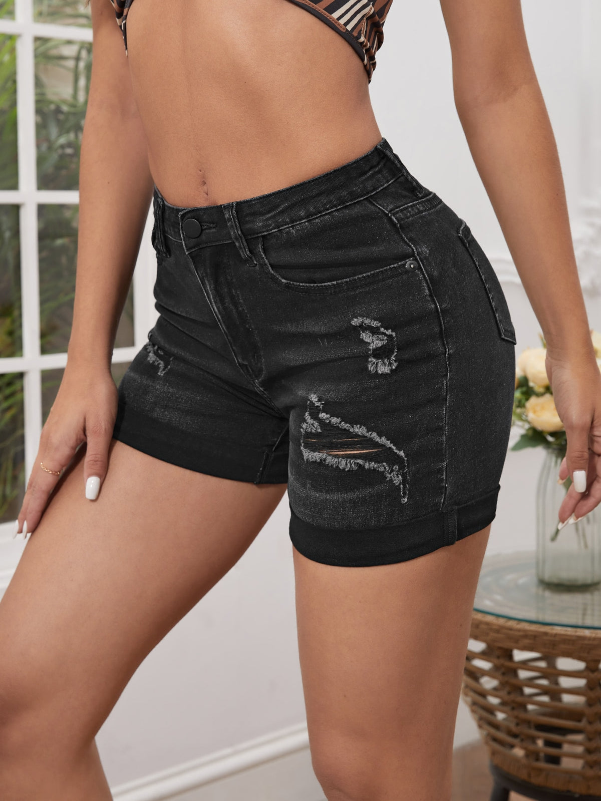 Ripped Denim Shorts with Roll Up Hem - Black / XL