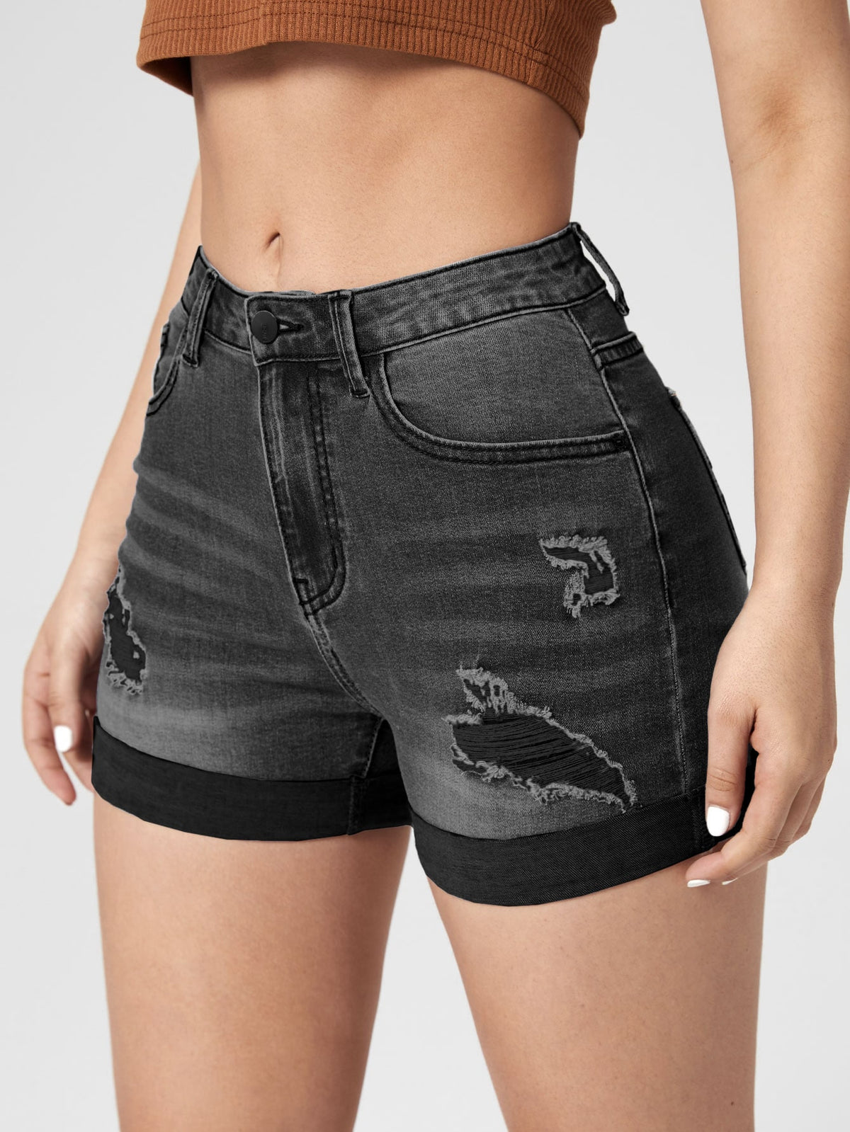 Ripped Denim Shorts with Roll Up Hem - Dark Grey / XL