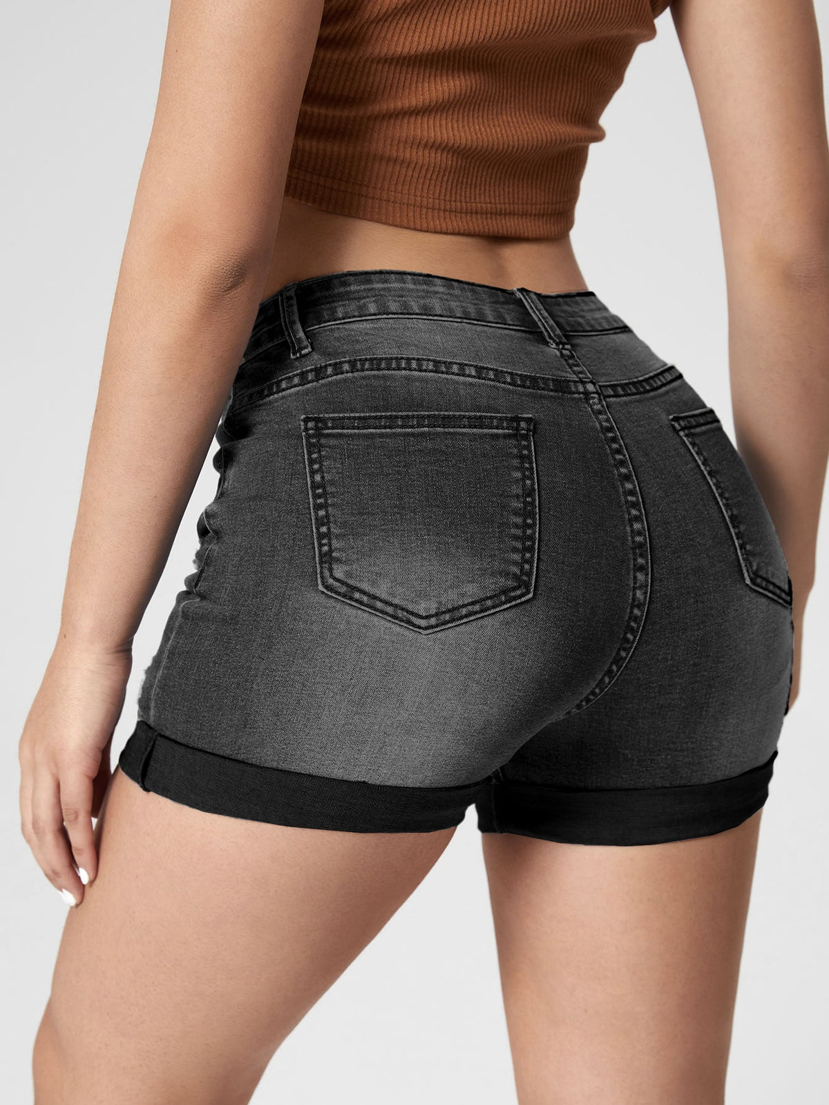 Ripped Denim Shorts with Roll Up Hem -