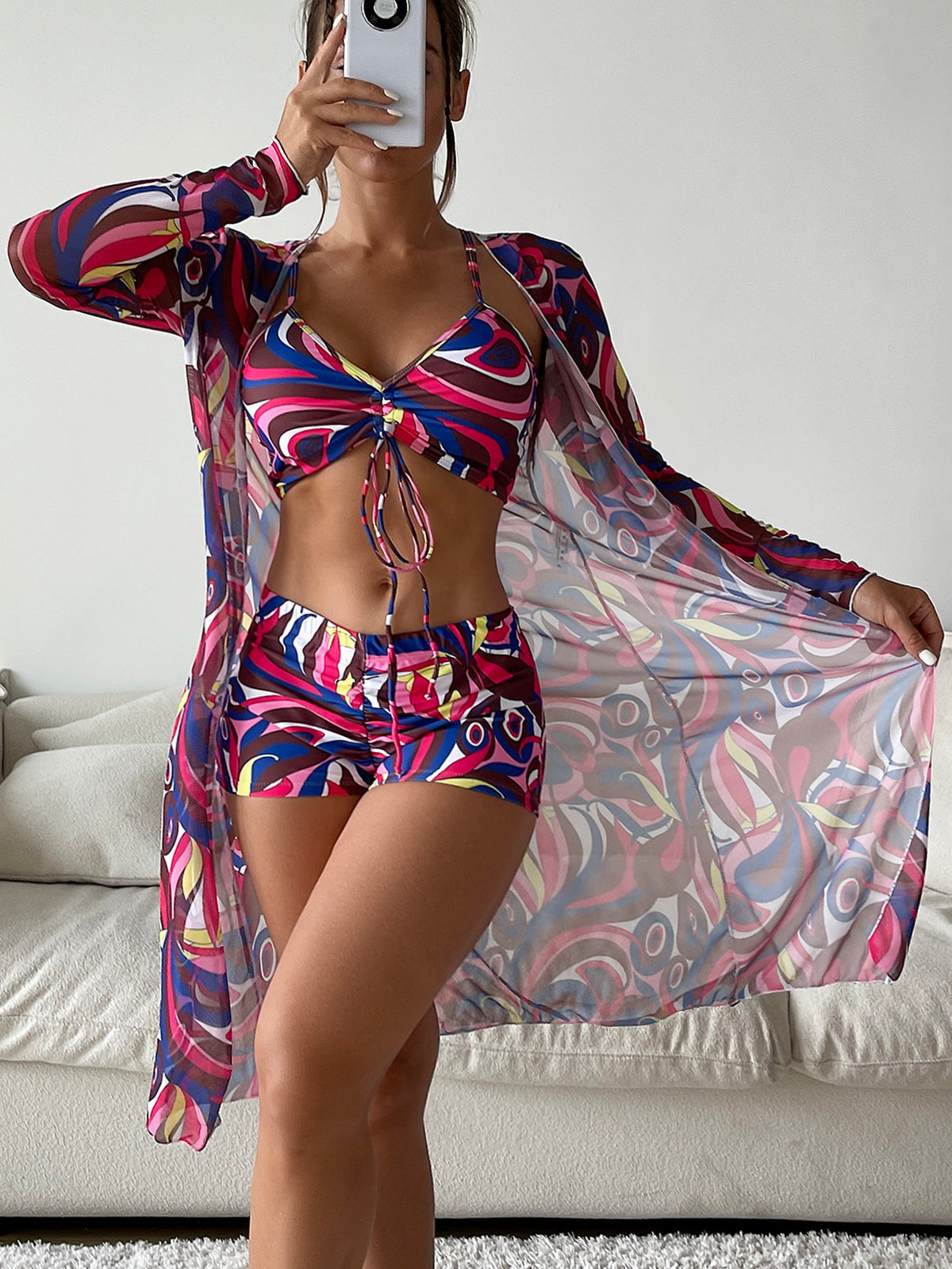 3 Piece Bikini Swimsuit with Criss Cross Ruched