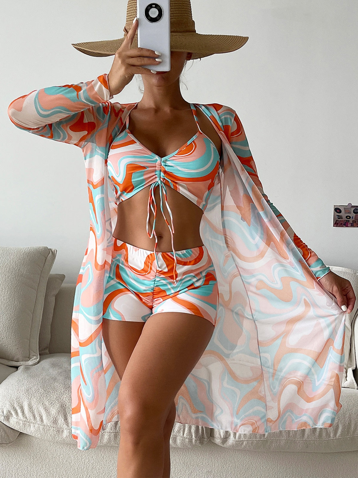 3 Piece Bikini Swimsuit with Criss Cross Ruched