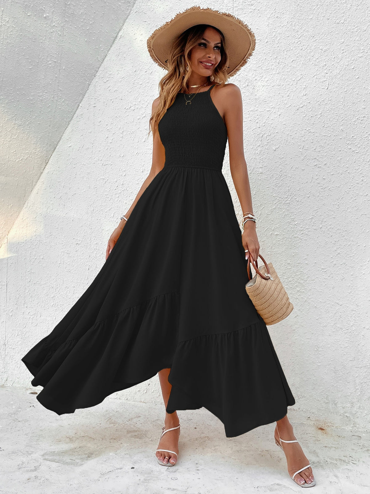 Shirred Cami Dress with Hanky Hem - Black / XL