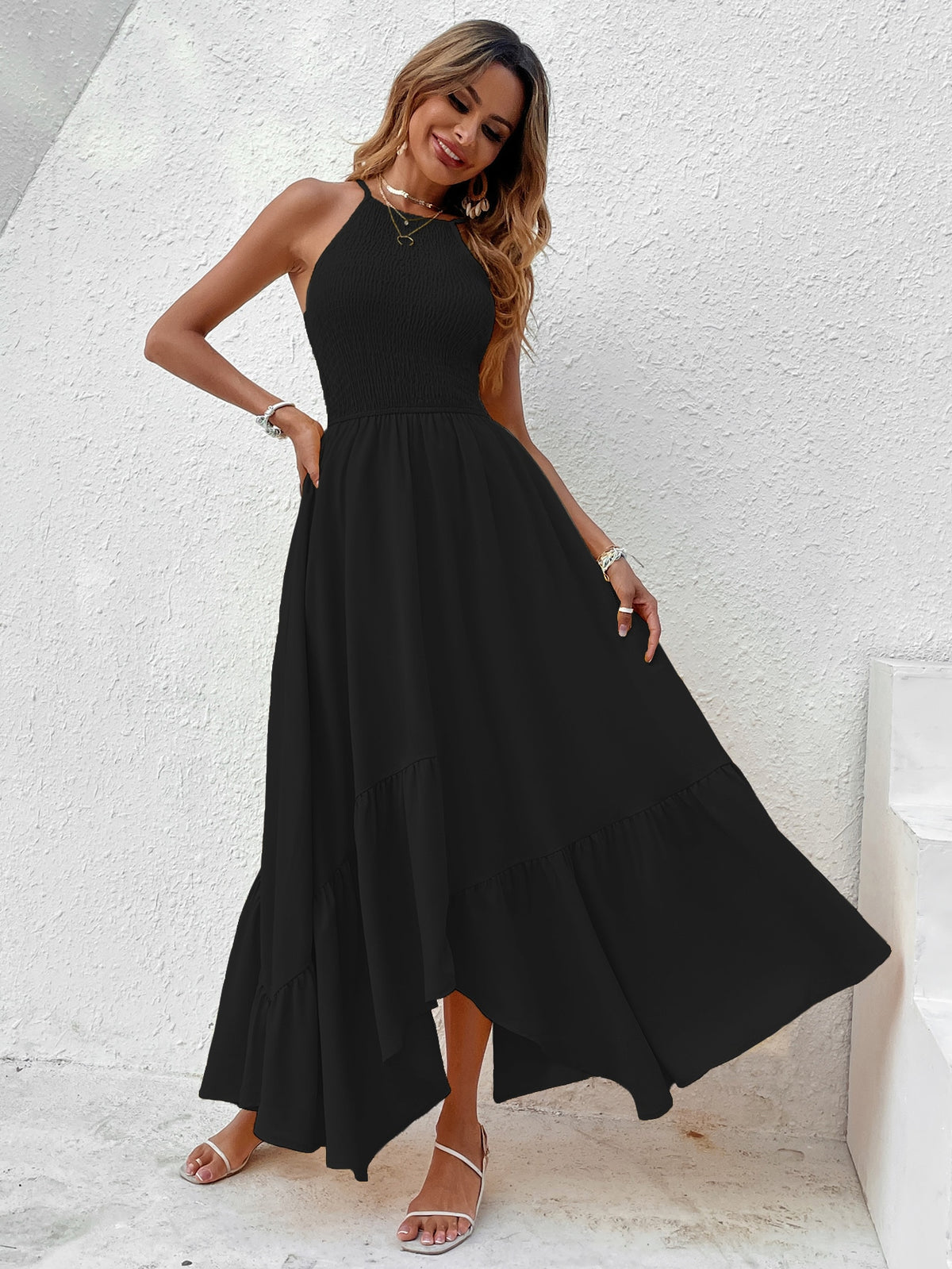 Shirred Cami Dress with Hanky Hem -