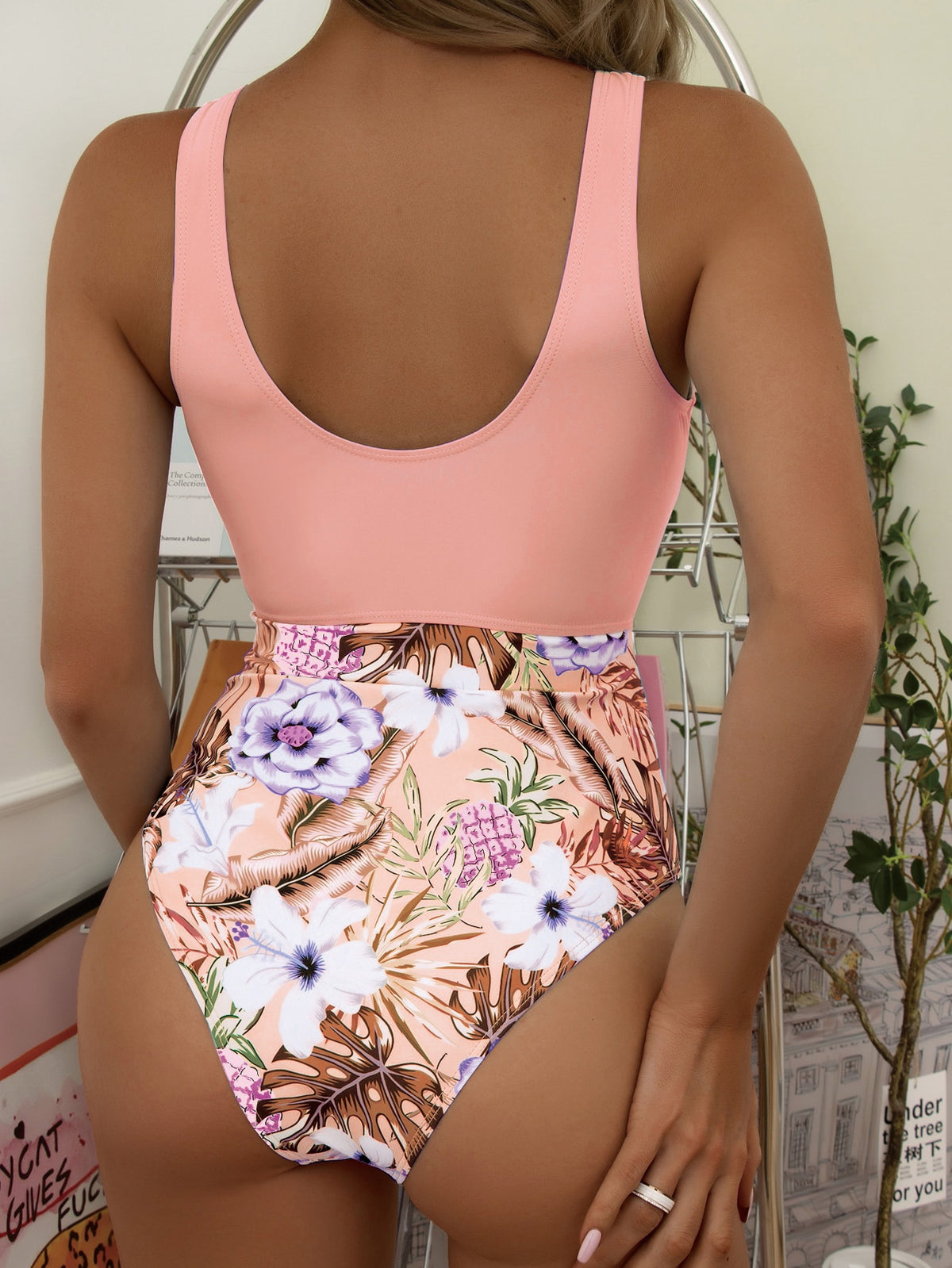 One Piece Tropical Print Swimsuit with Cut out