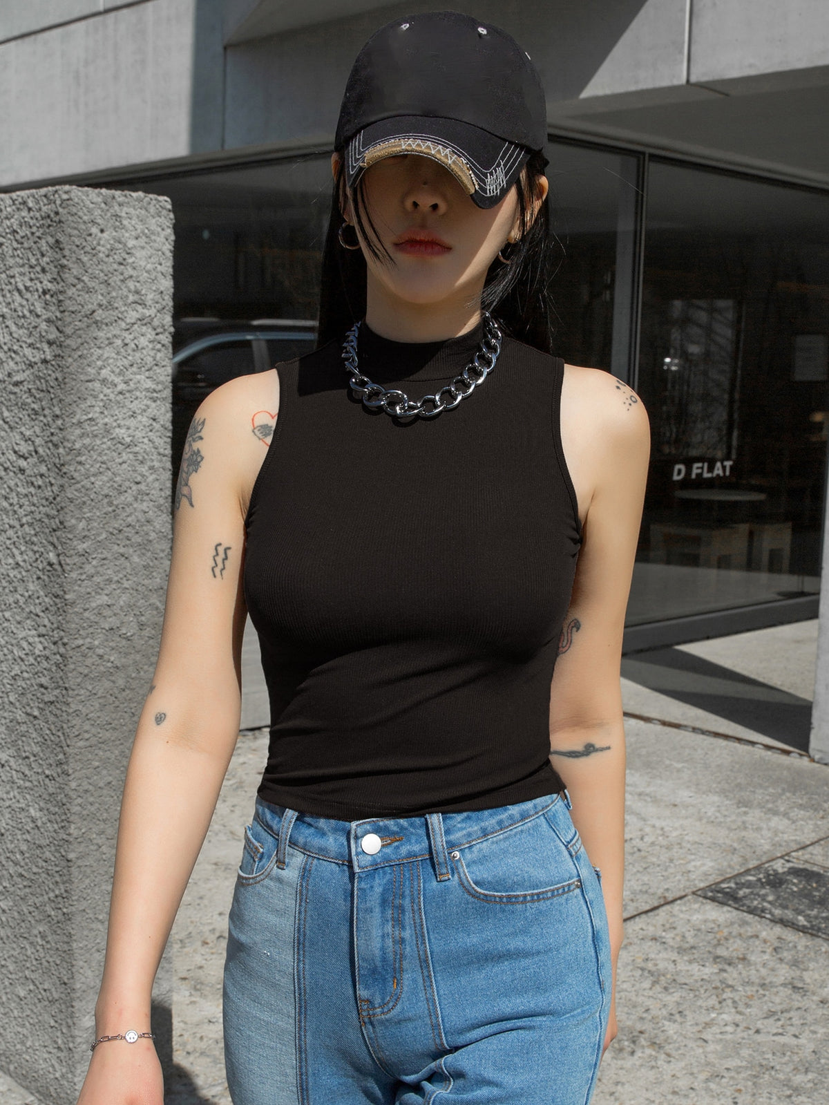 Ribbed Knit Tank Top with Mock Neck