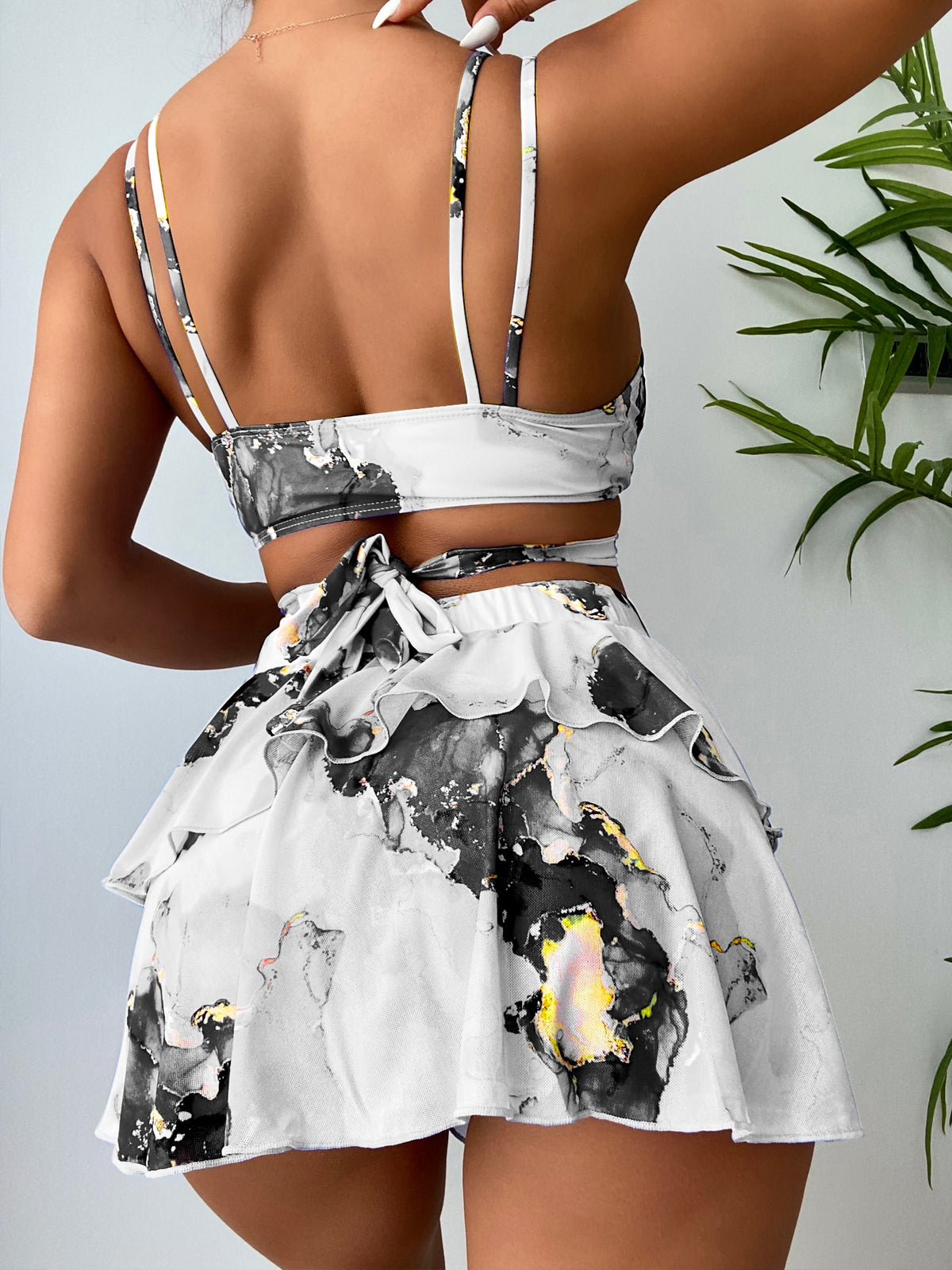 3 Piece Wrap Bikini Swimsuit and Beach Skirt in Marble Print